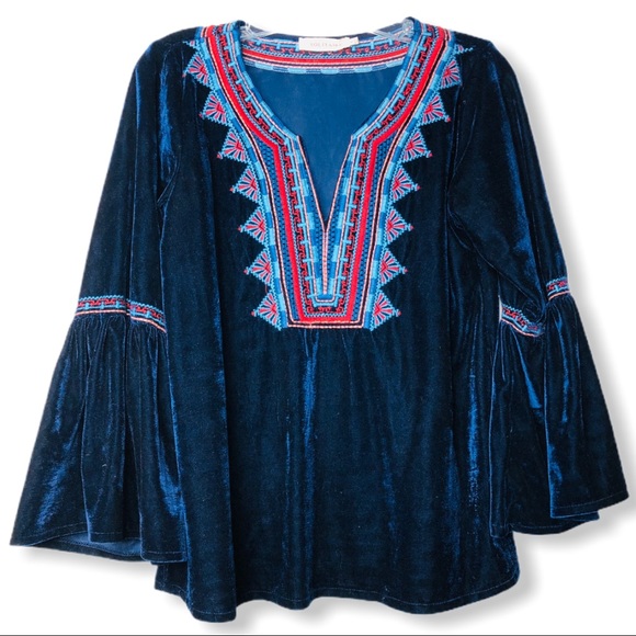 Solitaire Tops - SOLITAIRE blue velvet embroidered boho top